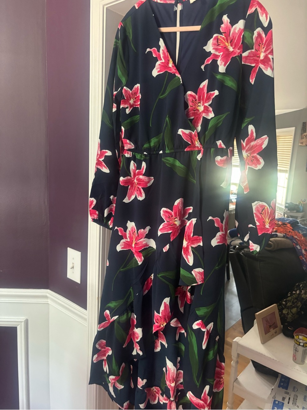Navy Long-Sleeve Midi Dress with Pink Lily Print